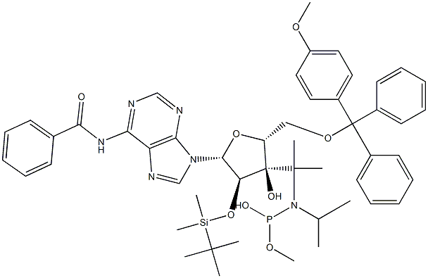 5'-O-[(4-Methoxyphenyl)diphenylmethyl]-2'-O-(tert-butyldimethylsilyl)-N-benzoyladenosine-3'-(diisopropylaminophosphonous acid methyl) ester Structure