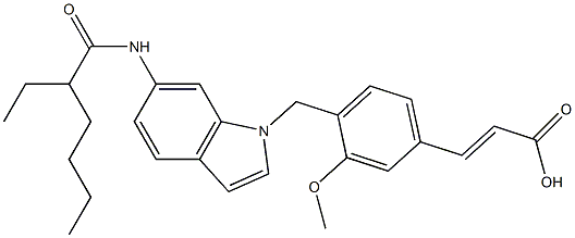 (E)-3-[4-[6-(2-エチルヘキサノイルアミノ)-1H-インドール-1-イルメチル]-3-メトキシフェニル]アクリル酸 化学構造式