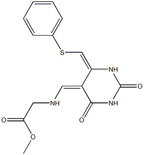 (5Z,6E)-5,6-Dihydro-5-(2-methoxy-2-oxoethyl)aminomethylene-6-phenylthiomethylenepyrimidine-2,4(1H,3H)-dione Structure
