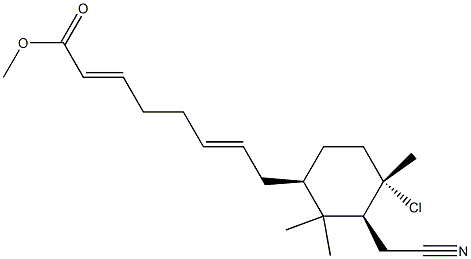 (2E,6E)-8-[(1S,2S,4R)-1-クロロ-2-(シアノメチル)-1,3,3-トリメチルシクロヘキサン-4-イル]-2,6-オクタジエン酸メチル 化学構造式