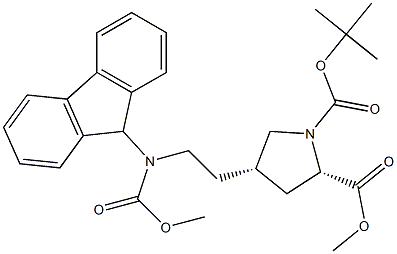 (S)-N-alpha-t-Butyloxycarbonyl-trans-4-[2-(9-fluorenylmethyloxycarbonyl-amino)ethyl]-proline methyl ester Struktur