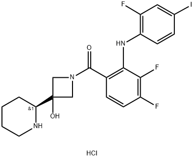 (S)-(3,4-difluoro-2-((2-fluoro-4-iodophenyl)amino)phenyl)(3-hydroxy-3-(piperidin-2-yl)azetidin-1-yl)methanone HCL Structure