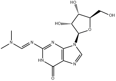 (E)-N-(9-((2R,3R,4S,5R)-3,4-dihydroxy-5-(hydroxymethyl)tetrahydrofuran-2-yl)-6-oxo-6,9-dihydro-1H-purin-2-yl)-N,N-dimethylformimidamide*,1055407-32-3,结构式
