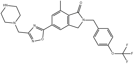 7-methyl-5-{3-[(piperazin-1-yl)methyl]-1,2,4-oxadiazol-5-yl}-2-{[4-(trifluoromethoxy)phenyl]methyl}-2,3-dihydro-1H-isoindol-1-one Struktur