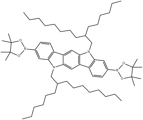 3,9-双(4,4,5,5-四甲基-1,3,2-二氧杂硼烷-2-基)-5,11-二(2-己基癸基)吲哚并[3,2-B]咔唑, 1095570-51-6, 结构式