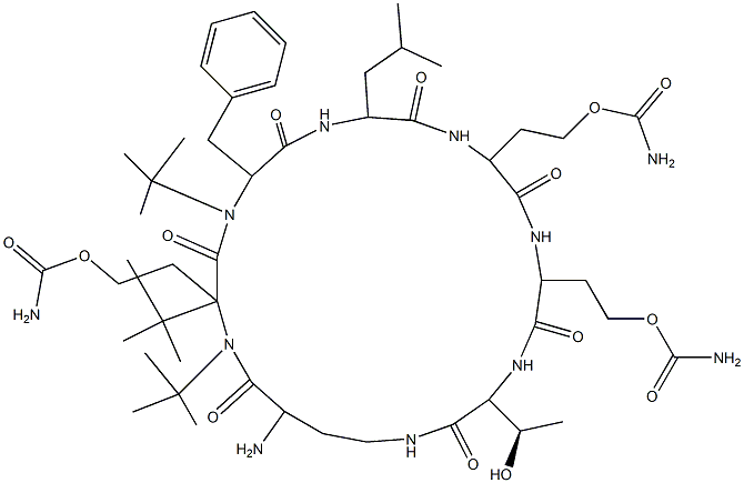 tri-tert-butyl (((2S,5R,8S,11S,14S,17R,22S)-22-amino-5-benzyl-17-((R)-1-hydroxyethyl)-8-isobutyl-3,6,9,12,15,18,23-heptaoxo-1,4,7,10,13,16,19-heptaazacyclotricosane-2,11,14-triyl)tris(ethane-2,1-diyl))tricarbamate 化学構造式