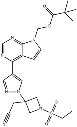 (4-(1-(3-(cyanomethyl)-1-(ethylsulfonyl)azetidin-3-yl)-1H-pyrazol-4-yl)-7H-pyrrolo[2,3-d]pyrimidin-7-yl)methyl pivalate Struktur
