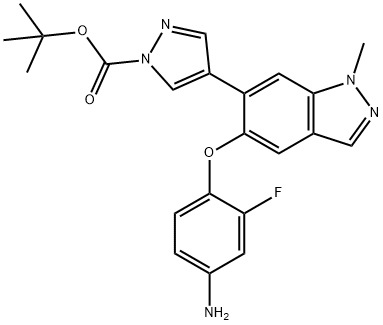 2-Methyl-2-propanyl 4-[5-(4-amino-2-fluorophenoxy)-1-methyl-1H-indazol-6-yl]-1H-pyrazole-1-carboxylate Struktur