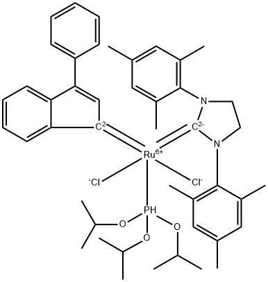 cis-[1,3-bis(2,4,6-Trimethylphenyl)-2-imidazolidinylidene] dichloro -(3-phenyl-1H-indene-1-ylidene)(tris-isopropylphospite) ruthenium Struktur