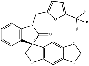 Spiro[furo[2,3-f]-1,3-benzodioxole-7(6H),3'-[3H]indol]-2'(1'H)-one, 1'-[[5-(trifluoromethyl)-2-furanyl]methyl]-, (3'R)- Structure