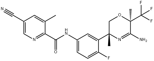 2-Pyridinecarboxamide, N-[3-[(3R,6R)-5-amino-3,6-dihydro-3,6-dimethyl-6-(trifluoromethyl)-2H-1,4-oxazin-3-yl]-4-fluorophenyl]-5-cyano-3-methyl- Struktur