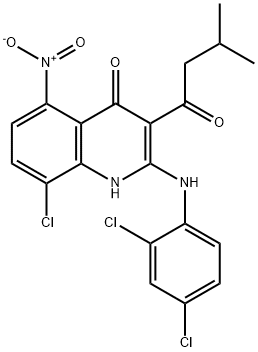 4(1H)-Quinolinone, 8-chloro-2-[(2,4-dichlorophenyl)amino]-3-(3-methyl-1-oxobutyl)-5-nitro- 化学構造式