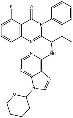 5-fluoro-3-phenyl-2-((1S)-1-((9-(tetrahydro-2H-pyran-2-yl)-9H-purin-6-yl)amino)propyl)quinazolin-4(3H)-one Struktur