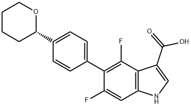 (S)-4,6-difluoro-5-(4-(tetrahydro-2H-pyran-2-yl)phenyl)-1H-indole-3-carboxylic acid 化学構造式