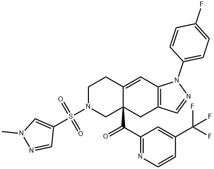 (R)-(1-(4-fluorophenyl)-6-((1-methyl-1H-pyrazol-4-yl)sulfonyl)-1,4,5,6,7,8-hexahydro-4aH-pyrazolo[3,4-g]isoquinolin-4a-yl)(4-(trifluoromethyl)pyridin-2-yl)methanone Structure