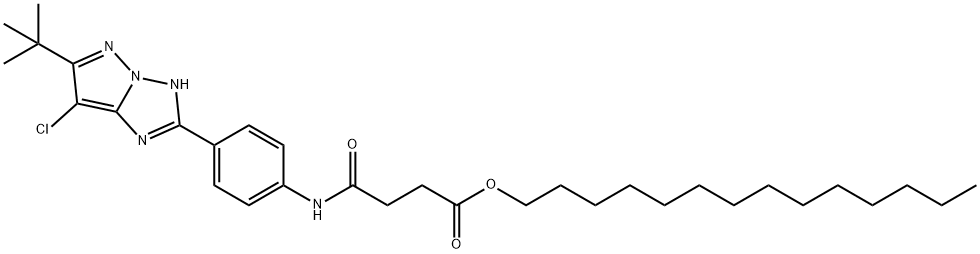 テトラデシル=3-[4-(5-tert-ブチル-6-クロロ-2-イル)フェニルカルバモイル]プロピオナート-3H-ピラゾロ[1,5-b][1,2,4]トリアゾール 化学構造式