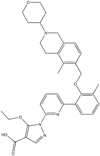 5-Ethoxy-1-(6-{3-methyl-2-[5-methyl-2-(tetrahydro-pyran-4-yl)-1,2,3,4-tetrahydro-isoquinolin-6-ylmethoxy]-phenyl}-pyridin-2-yl)-1H-pyrazole-4-carboxylic acid Struktur