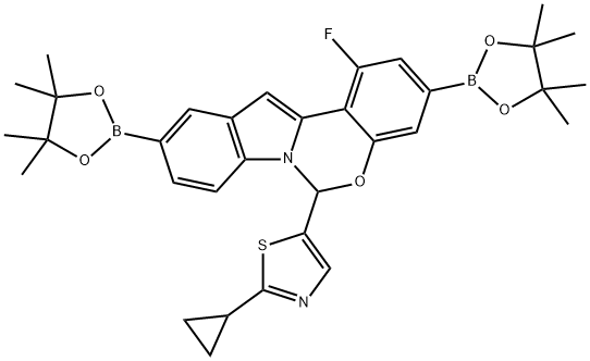 6-(2-cyclopropyl-1,3-thiazol-5-yl)-1-fluoro-3,10-bis(4,4,5,5-tetramethyl-1,3,2-dioxaborolan-2-yl)-6H-indolo[1,2-c][1,3]benzoxazine Struktur
