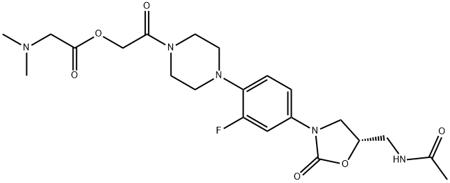 Glycine, N,N-dimethyl-, 2-[4-[4-[5-[(acetylamino)methyl]-2-oxo-3-oxazolidinyl]-2-fluorophenyl]-1-piperazinyl]-2-oxoethyl ester, (S)- Struktur