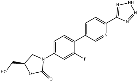 (R)-3-(4-(6-(1H-tetrazol-5-yl)pyridin-3-yl)-3-fluorophenyl)-5-(hydroxymethyl)oxazolidin-2-one 化学構造式