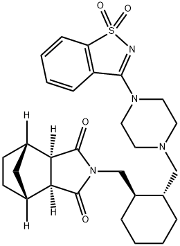 (3aR,4S,7R,7aS)-2-(((1R,2R)-2-((4-(1,1-dioxidobenzo[d] isothiazol-3-yl)piperazin-1-yl)methyl)cyclohexyl)methyl) hexahydro-1H-4,7-methanoisoindole-1,3(2H)-dione Struktur