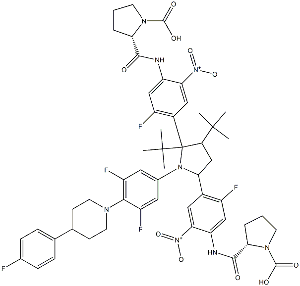 di-tert-butyl2,2'-(((((2R,5R)-1-(3,5-difluoro-4-(4-(4-fluorophenyl)piperidin-1-yl)phenyl)pyrrolidine-2,5-diyl)bis(5-fluoro-2-nitro-4,1-phenylene))bis(azanediyl))bis(carbonyl))(2S,2'S)-bis(pyrrolidine-1-carboxylate) Struktur