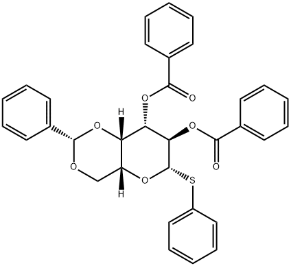 (2S,4aR,6S,7R,8S,8aS)-2-Phenyl-6-(phenylthio)hexahydropyrano[3,2-d][1,3]dioxine-7,8-diyl dibenzoate 化学構造式
