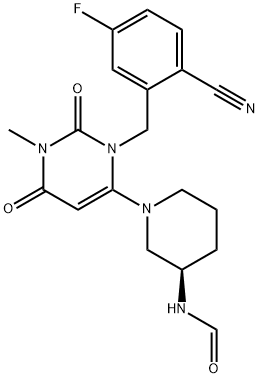(R)-N-(1-(3-(2-cyano-5-fluorobenzyl)-1-methyl-2,6-dioxo- 1,2,3,6-tetrahydropyrimidin-4-yl)piperidin-3-yl)formamide Struktur
