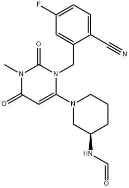 (R)-N-(1-(3-(2-cyano-5-fluorobenzyl)-1-methyl-2,6-dioxo- 1,2,3,6-tetrahydropyrimidin-4-yl)piperidin-3-yl)formamide Structure
