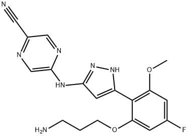 5-((5-(2-(3-aminopropoxy)-4-fluoro-6-methoxyphenyl)-1H-pyrazol-3-yl)amino)pyrazine-2-carbonitrile, 2120398-39-0, 结构式