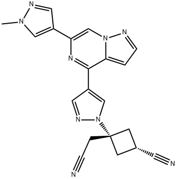 (1r,3r)-3-(cyanomethyl)-3-(4-(6-(1-methyl-1H-pyrazol-4-yl)pyrazolo[1,5-a]pyrazin-4-yl)-1H-pyrazol-1-yl)cyclobutanecarbonitrile Structure