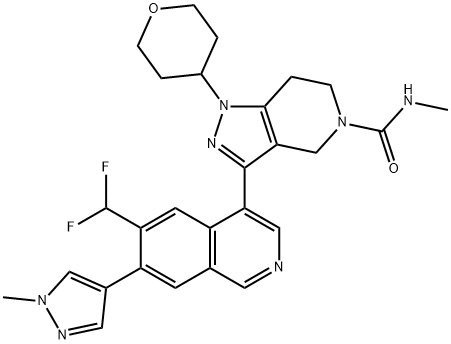 5H-Pyrazolo[4,3-c]pyridine-5-carboxamide, 3-[6-(difluoromethyl)-7-(1-methyl-1H-pyrazol-4-yl)-4-isoquinolinyl]-1,4,6,7-tetrahydro-N-methyl-1-(tetrahydro-2H-pyran-4-yl)- Structure