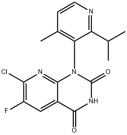 7-chloro-6-fluoro-1-(2-isopropyl-4-methylpyridin-3-yl)pyrido[2,3-d]pyrimidine-2,4(1H,3H)-dione 化学構造式