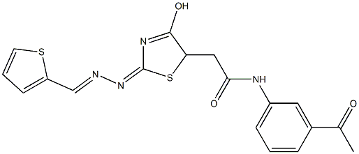 N-(3-acetylphenyl)-2-{4-hydroxy-2-[(2-thienylmethylene)hydrazono]-2,5-dihydro-1,3-thiazol-5-yl}acetamide 化学構造式