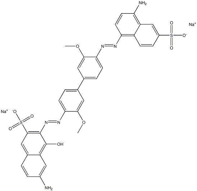 2-Naphthalenesulfonic acid, 6-amino-3-[[4'-[(4-amino-6-sulfo-1-naphthalenyl)azo]-3,3'-dimethoxy[1,1'-biphenyl]-4-yl]azo]-4-hydroxy-, disodium salt Struktur