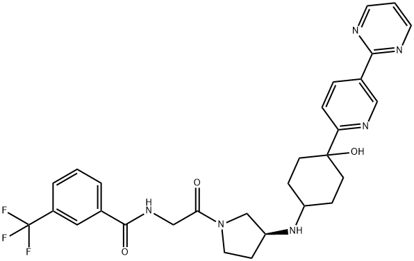 N-[2-[(3S)-3-[[4-羟基-4-[5-(嘧啶-2-基)吡啶-2-基]环己基]氨基]吡咯烷-1-基]-2-氧代乙基]-3-(三氟甲基)苯甲酰胺 结构式