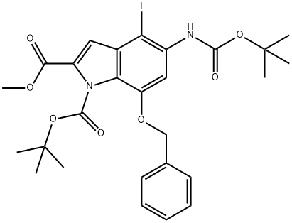 1-TERT-BUTYL 2-METHYL 7-(BENZYLOXY)-5-(TERT-BUTOXYCARBONYLAMINO)-4-IODO-1H-INDOLE-1,2-DICARBOXYLATE, 919535-06-1, 结构式