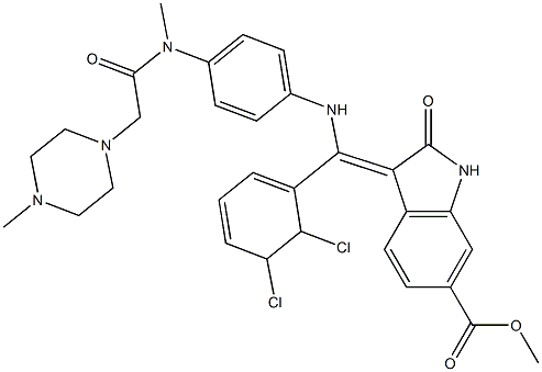 3-Z-[1-(4-(N-((4-methyl-piperazin-1-yl)-methylcarbonyl)-N-methyl-amino)-anilino)-1-phenyl-methylene]-6-methoxycarbonyl-2-indolinone chloride Structure