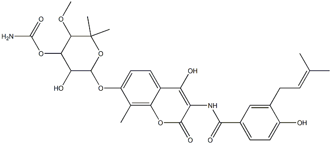 7-[Tetrahydro-4-(carbamoyloxy)-3-hydroxy-5-methoxy-6,6-dimethyl-2H-pyran-2-yloxy]-4-hydroxy-3-[4-hydroxy-3-(3-methyl-2-butenyl)benzoylamino]-8-methyl-2H-1-benzopyran-2-one Struktur
