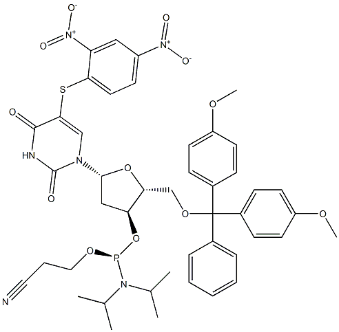 5'-O-(4,4'-dimethoxytrityl)-5-(S-(2,4-dinitrophenyl)thio)-2'-deoxyuridine 3'-O-(2-cyanoethyl N,N'-diisopropylphosphoramidite) Struktur