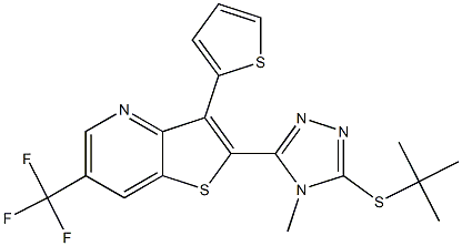 tert-butyl 4-methyl-5-[3-(2-thienyl)-6-(trifluoromethyl)thieno[3,2-b]pyridin-2-yl]-4H-1,2,4-triazol-3-yl sulfide 化学構造式