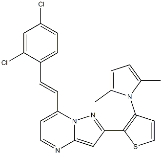 7-[(E)-2-(2,4-dichlorophenyl)ethenyl]-2-[3-(2,5-dimethyl-1H-pyrrol-1-yl)-2-thienyl]pyrazolo[1,5-a]pyrimidine Struktur