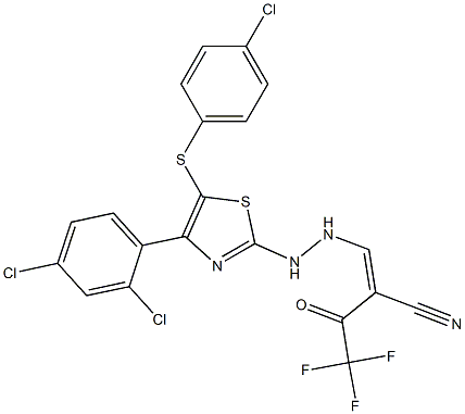 (Z)-3-{2-[5-[(4-chlorophenyl)sulfanyl]-4-(2,4-dichlorophenyl)-1,3-thiazol-2-yl]hydrazino}-2-(2,2,2-trifluoroacetyl)-2-propenenitrile