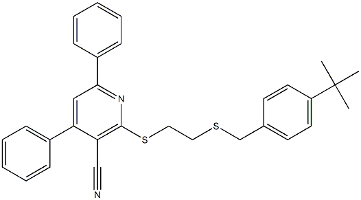 2-[(2-{[4-(tert-butyl)benzyl]sulfanyl}ethyl)sulfanyl]-4,6-diphenylnicotinonitrile Struktur