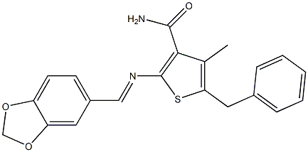 2-{[(E)-1,3-benzodioxol-5-ylmethylidene]amino}-5-benzyl-4-methyl-3-thiophenecarboxamide Struktur