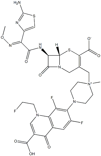 (7R)-7-[2-(2-アミノ-4-チアゾリル)-2-メトキシイミノアセチルアミノ]-3-[[4-[[3-カルボキシ-6,8-ジフルオロ-1-(2-フルオロエチル)-1,4-ジヒドロ-4-オキソキノリン]-7-イル]-1-メチルピペラジニウム]-1-イルメチル]セファム-3-エン-4-カルボキシラート 化学構造式
