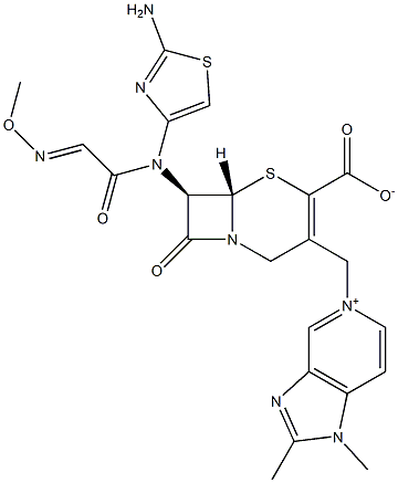(7R)-7-[(2-Amino-4-thiazolyl)(methoxyimino)acetylamino]-3-[[1,2-dimethyl-(1H-imidazo[4,5-c]pyridin-5-ium)-5-yl]methyl]cepham-3-ene-4-carboxylic acid Struktur