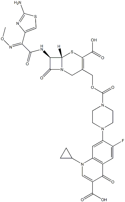(7R)-7-[[(2-アミノ-4-チアゾリル)(メトキシイミノ)アセチル]アミノ]-3-[[4-[(1-シクロプロピル-6-フルオロ-3-カルボキシ-1,4-ジヒドロ-4-オキソキノリン)-7-イル]-1-ピペラジニルカルボニルオキシ]メチル]セファム-3-エン-4-カルボン酸 化学構造式