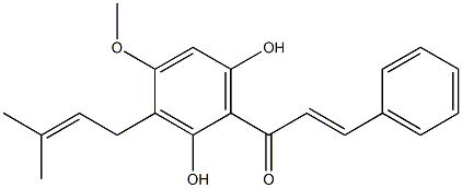 (E)-2',6'-ジヒドロキシ-4'-メトキシ-3'-(3-メチル-2-ブテニル)カルコン 化学構造式
