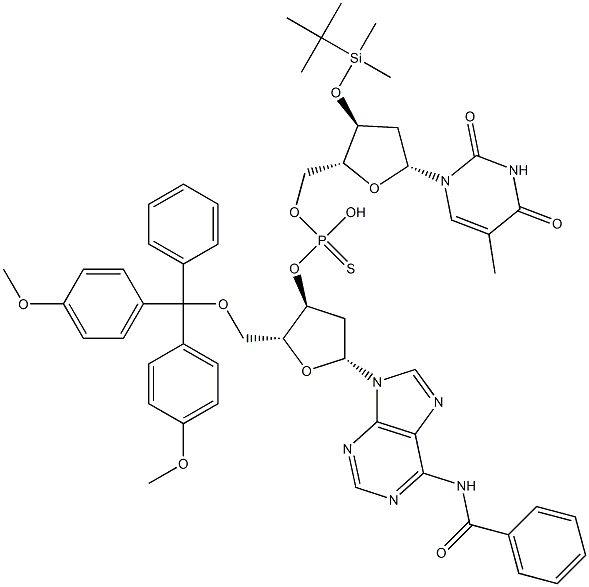 3'-O-(tert-Butyldimethylsilyl)-thymidine 5'-thiophosphoric acid [5'-O-(4,4'-dimethoxytrityl)-N-benzoyl-2'-deoxy-3'-adenosyl] ester Structure